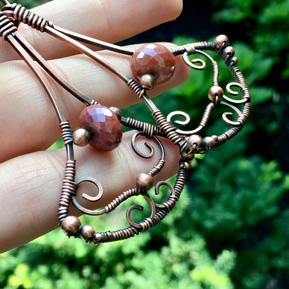 Peach moonstone wire wrapped statement earrings - Picture 3 of 5